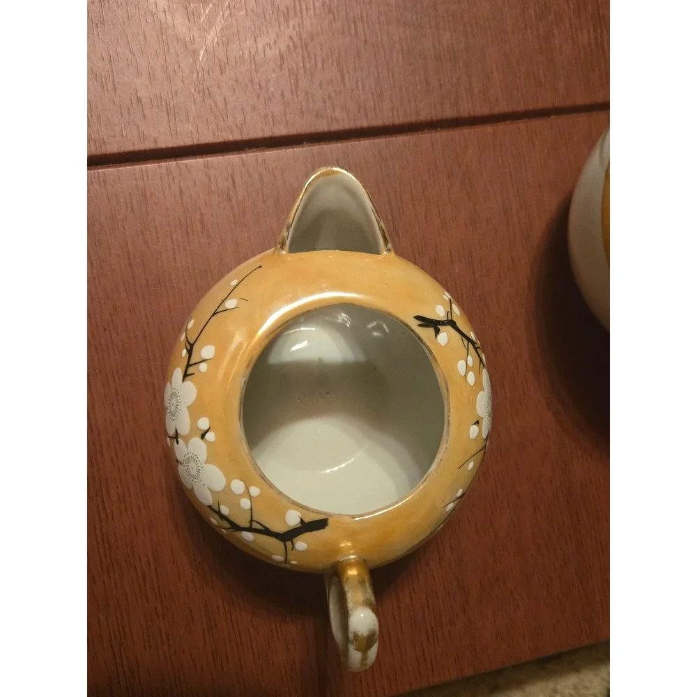 Vintage Lusterware Creamer and Sugar Bowl Set Orange Cherry Blossom Porcelain